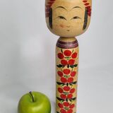 Vintage Japanese Kokeshi doll dated 1986, signed and numbered, floral decoration, 34 cm