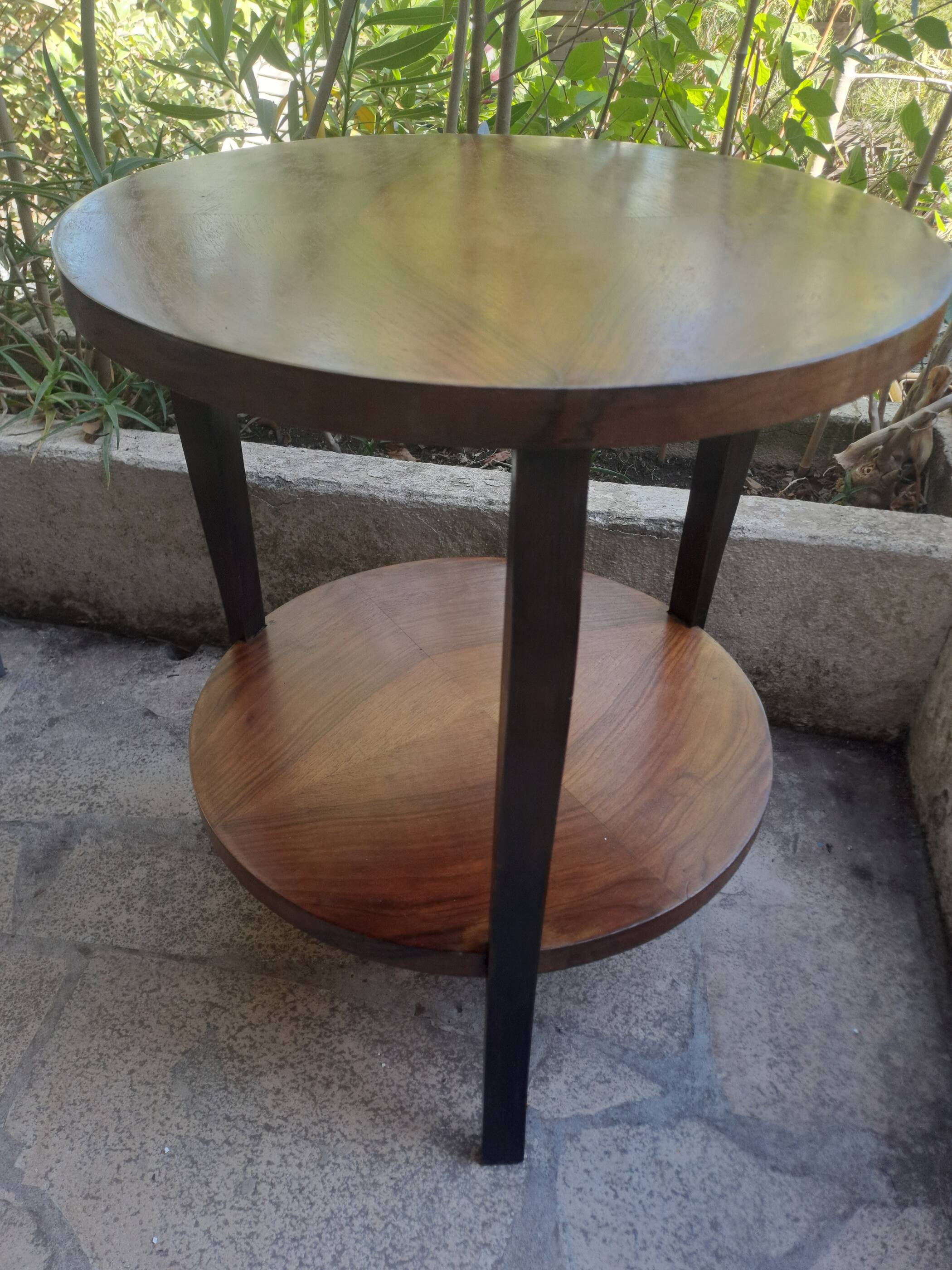 Table basse ronde en bois massif 1970 à double plateau