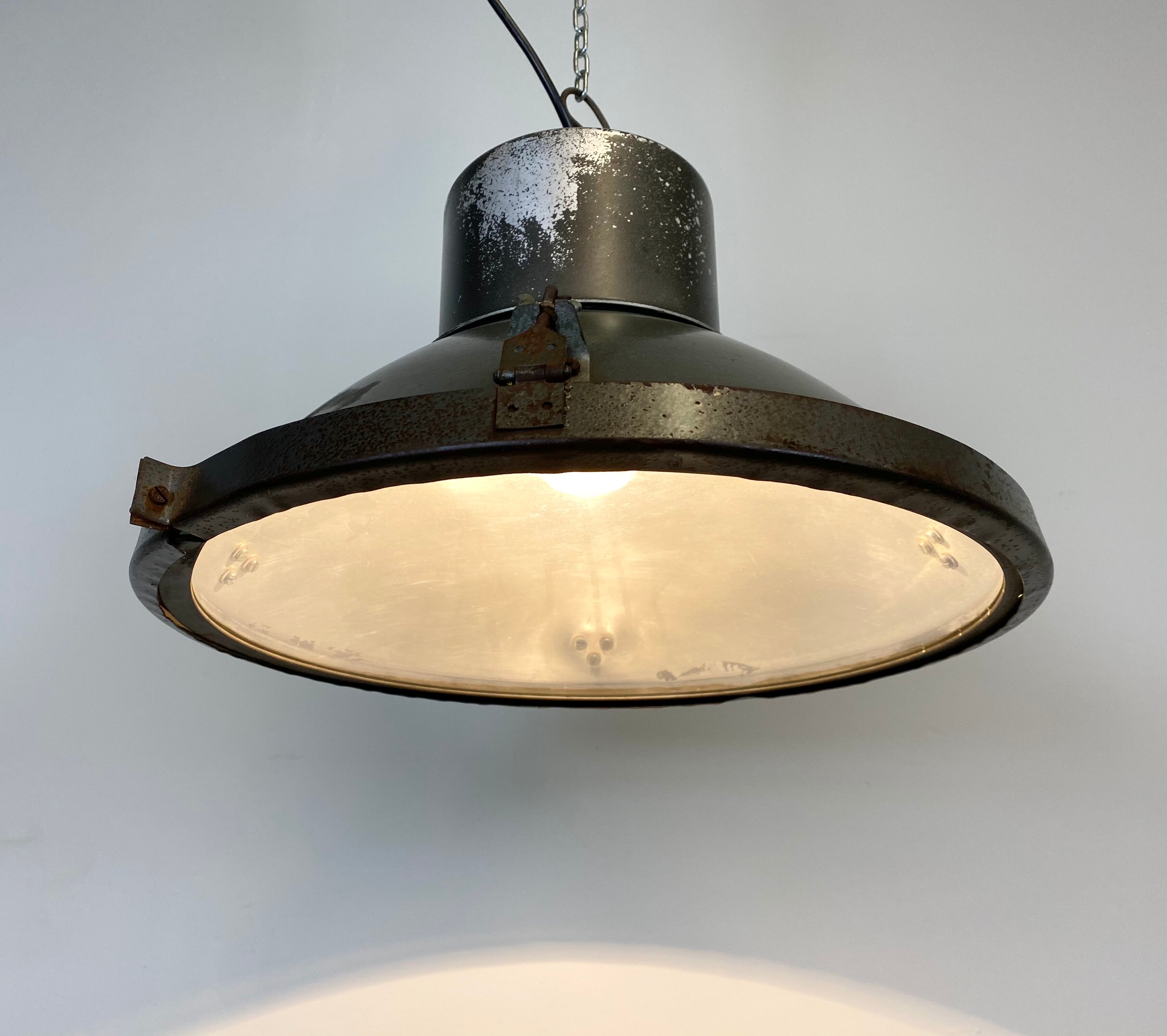 Industrial aluminium factory lamp with glass cover, 1960s