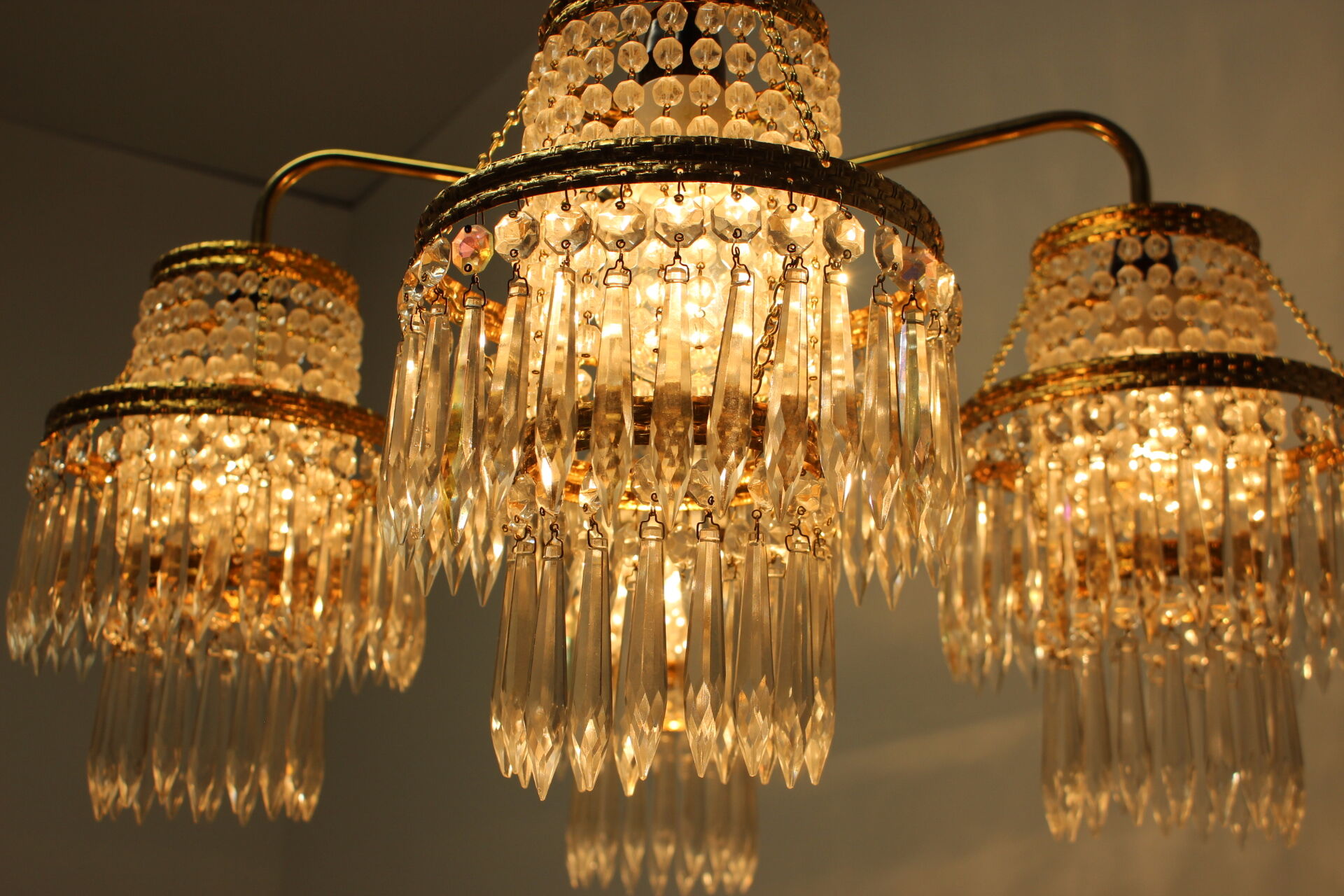 1950s, vintage crystal brass chandelier, železnobrodské sklo,czechoslovakia