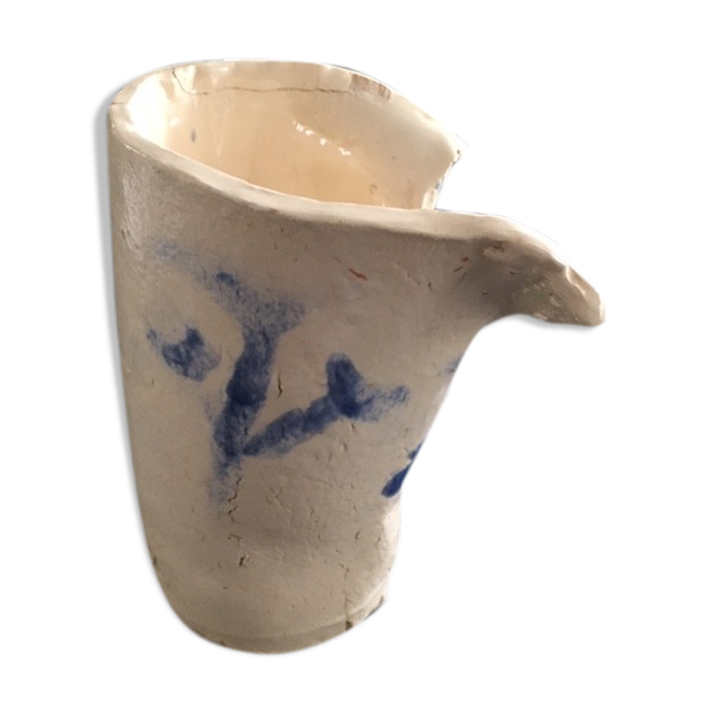 Vase brutaliste blanc motif bleu