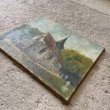 Huile sur toile, église de campagne
