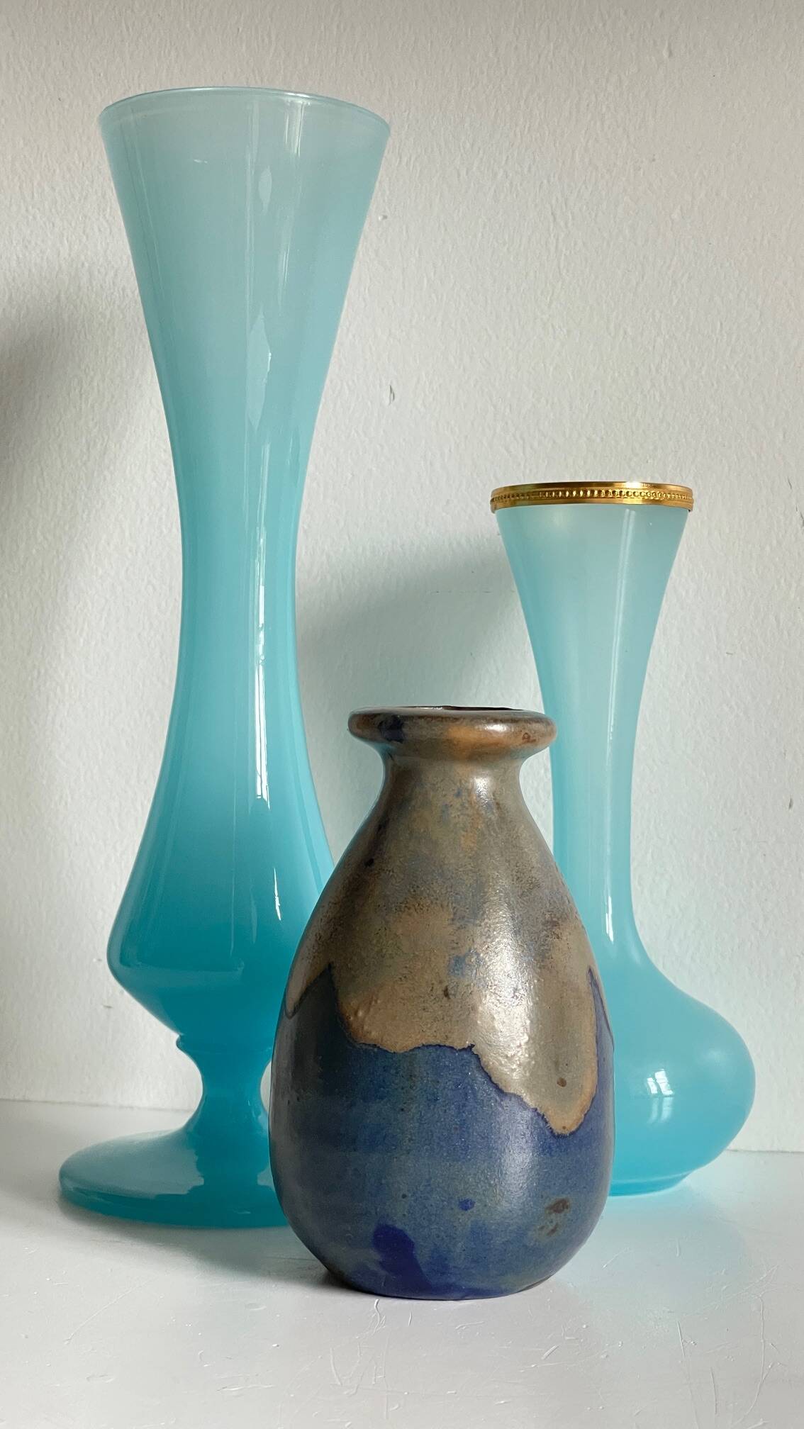 3 VASES Bleu Océan Grès et Verre OPALIN Vintage