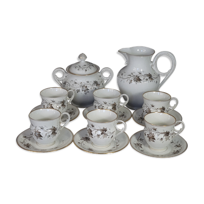 Ancien service à café 8 pcs porcelaine décor peint de pampres vers 1900