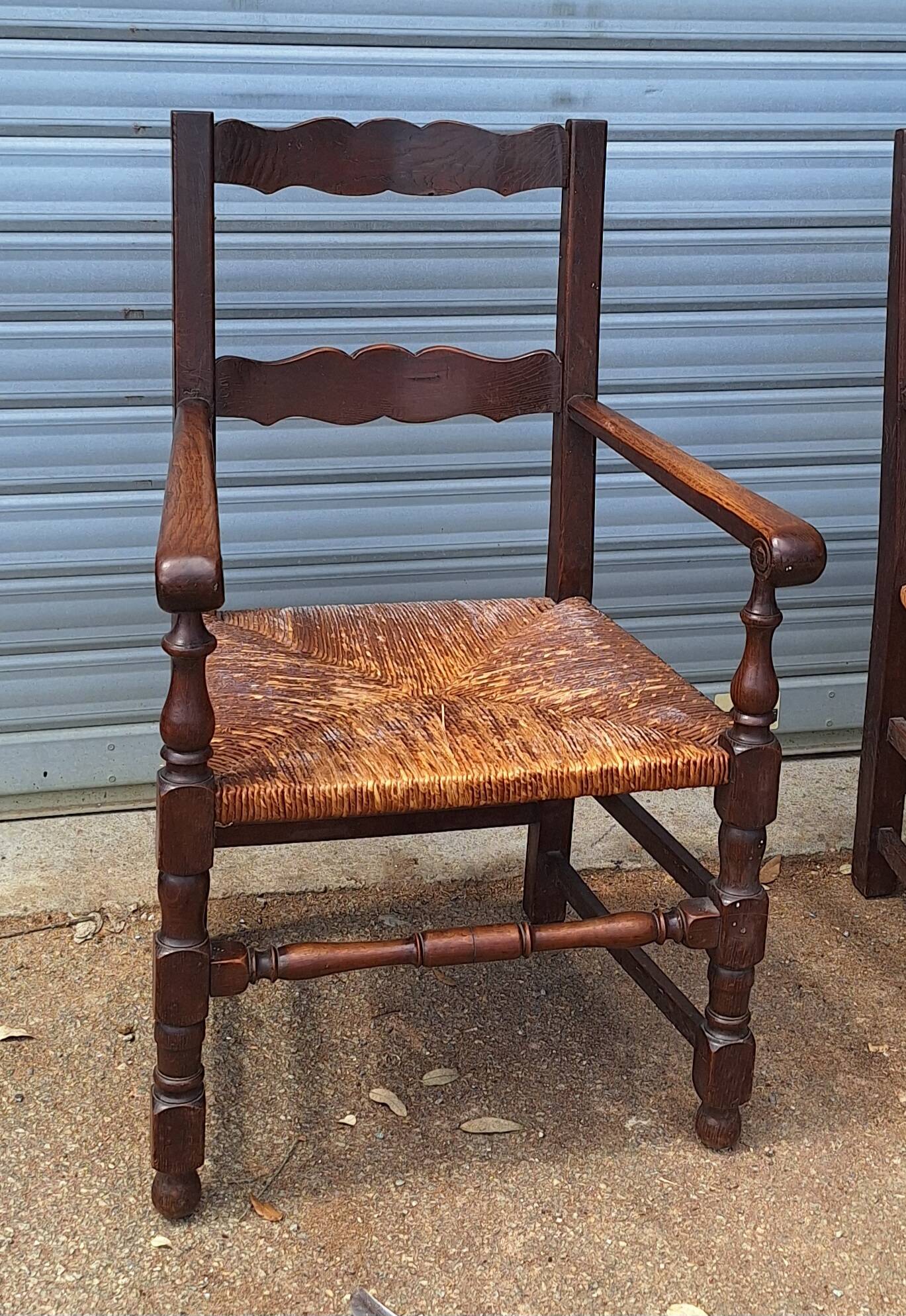 Pair of wooden and straw farmhouse armchairs
