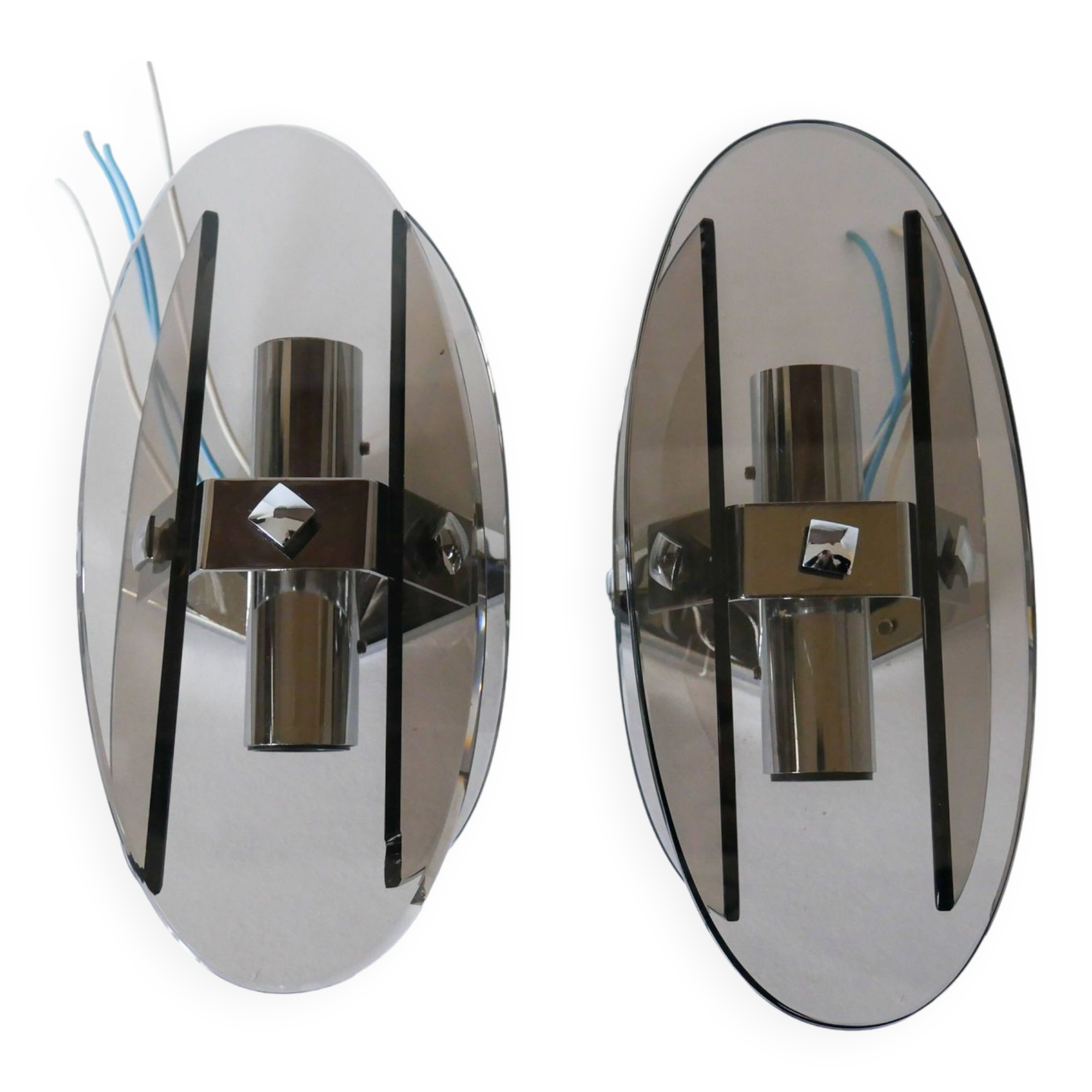 Pair of space age design smoked glass wall lights made in Italy 1970
