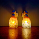 Pair of Art Deco wall sconces in multicoloured porcelain and frosted glass.