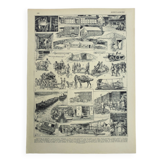 Old engraving, Ambulances, firefighter, infirmary, care • Lithograph, Original plate 1947