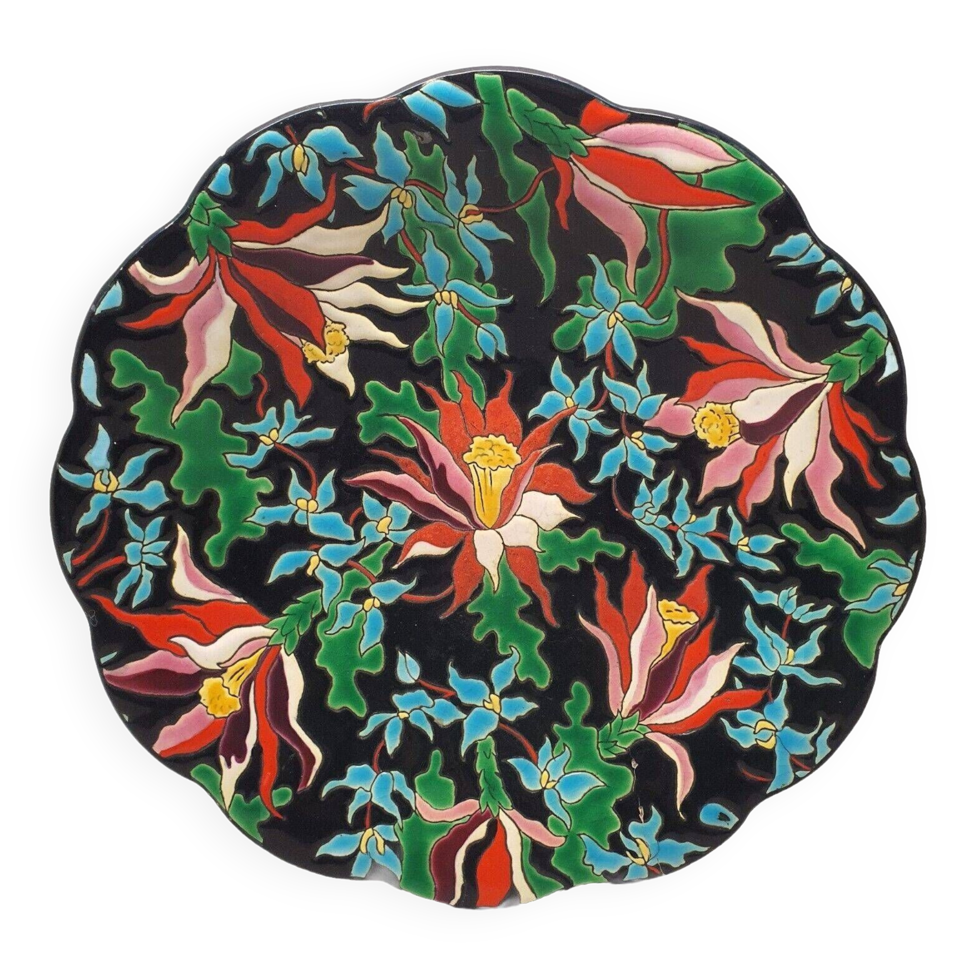 Large Longwy Emaux Dish Model Tropic D35 CM To Hang Or Other Decoration