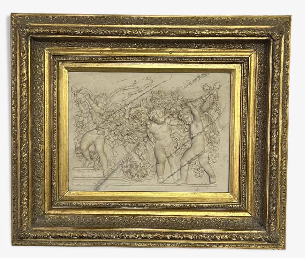 Marble high relief by François Duquesnoy "Putti, garlands and flowers" Paris