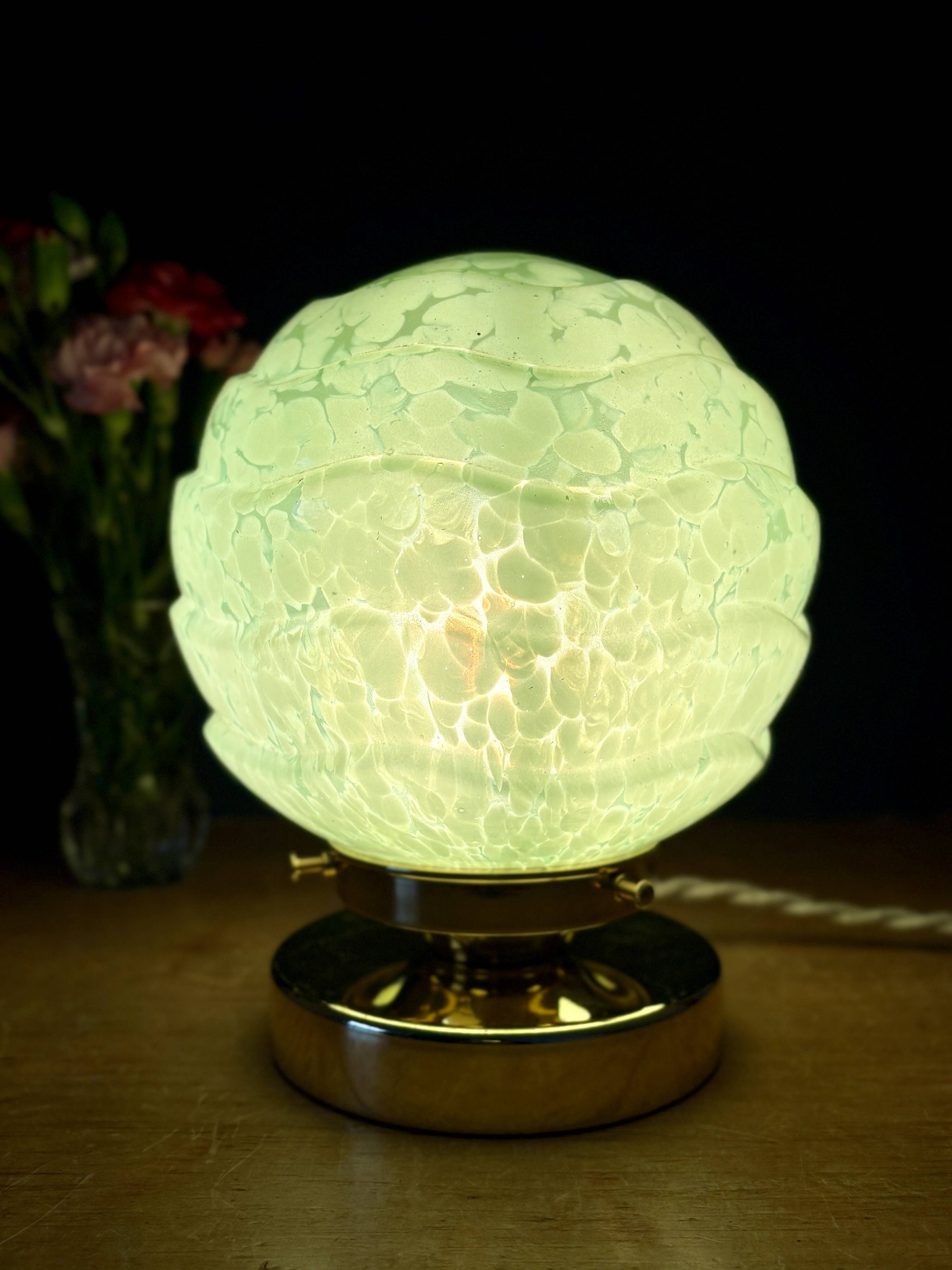 Vintage art deco globe table lamp in mint green Clichy glass