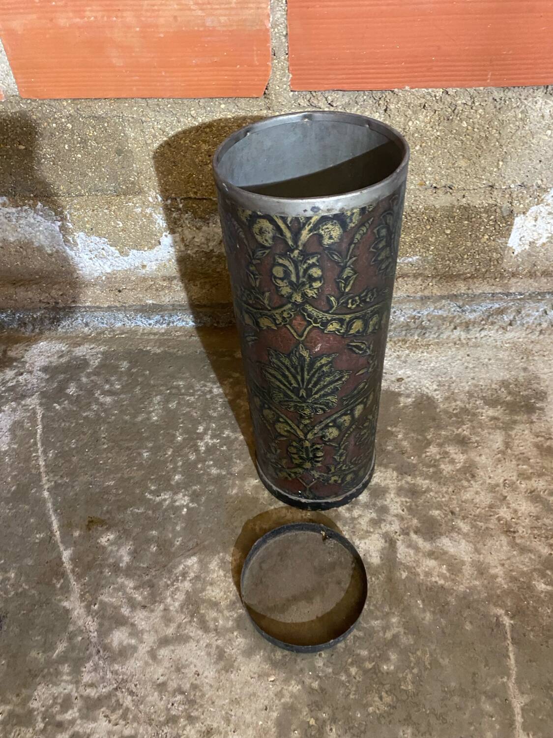 Vintage Lincrusta Loreid Umbrella Stand in Leather with Metal Rim