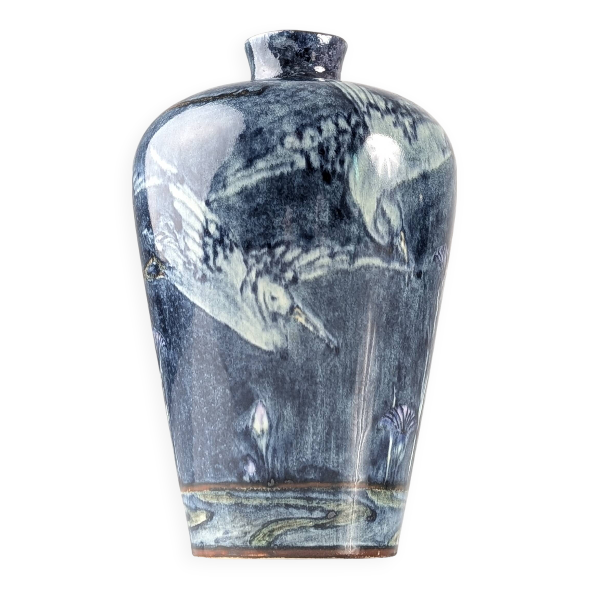 Art Nouveau Vase Herons and Flowers, J.W. Mijnlieff, Holland Utrecht 1900s
