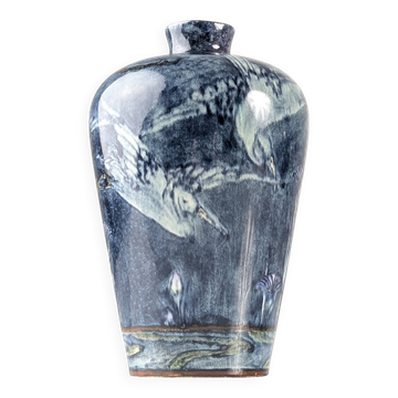 Art Nouveau Vase Herons and Flowers, J.W. Mijnlieff, Holland Utrecht 1900s