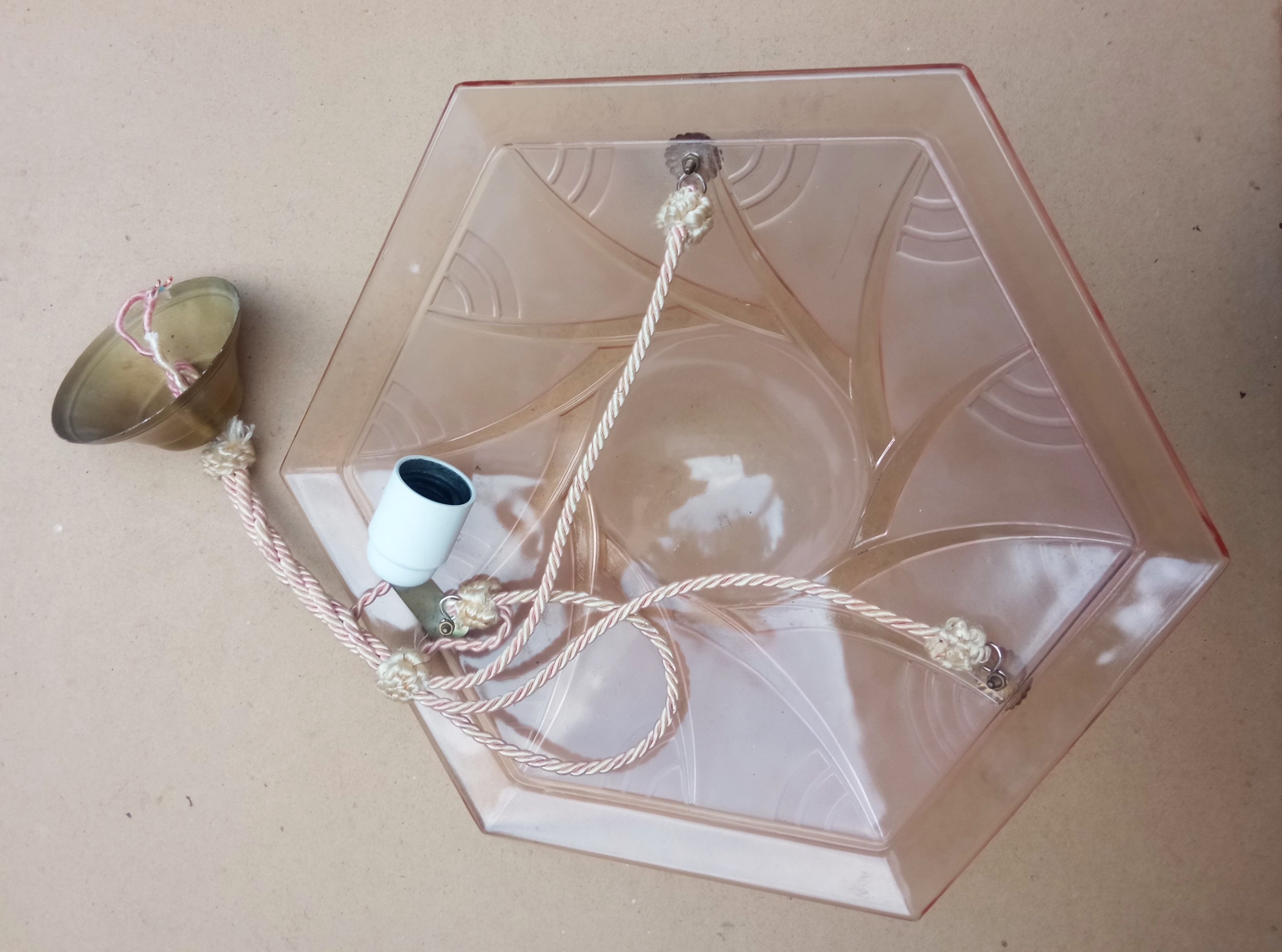 Art Deco ceiling lamp / chandelier in pink pressed molded glass in working order