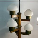 Midcentury Scandinavian wood and opaline glass hanging pendant