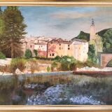 Tableau ancien paysage au bord de l’eau, signé XX siècle