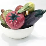 Coupe de fruits et légumes céramique trompe l'oeil mid-century
