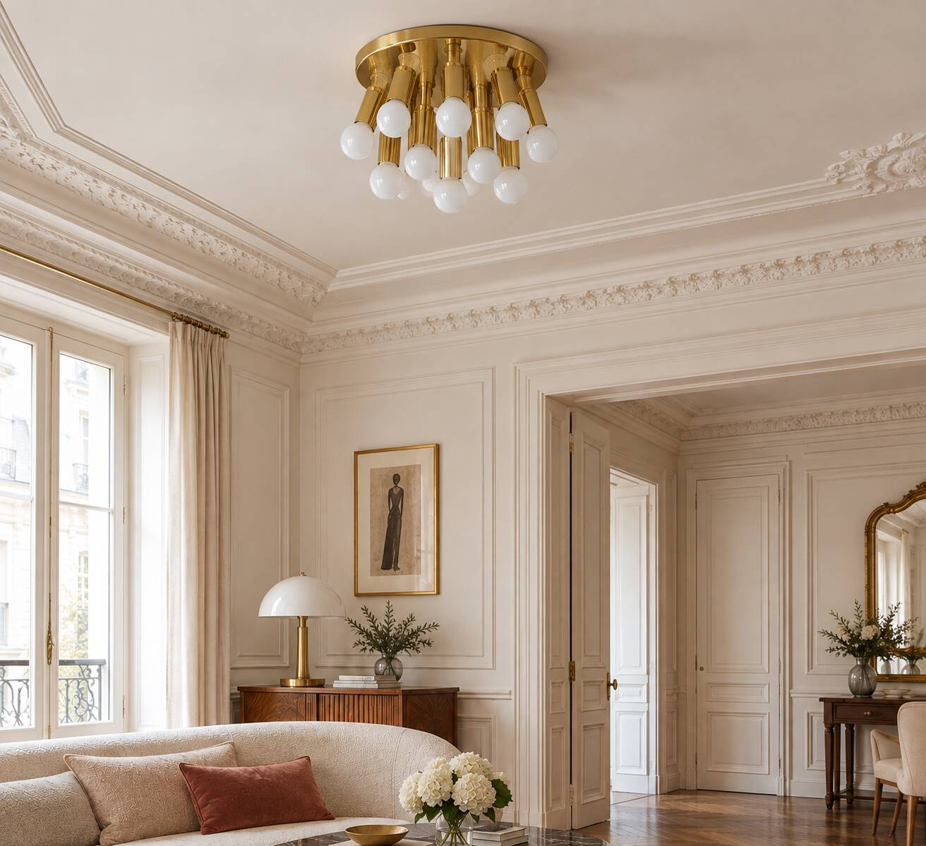 Brass ceiling light with 13 lights – TZ Leuchten, Germany, 1980