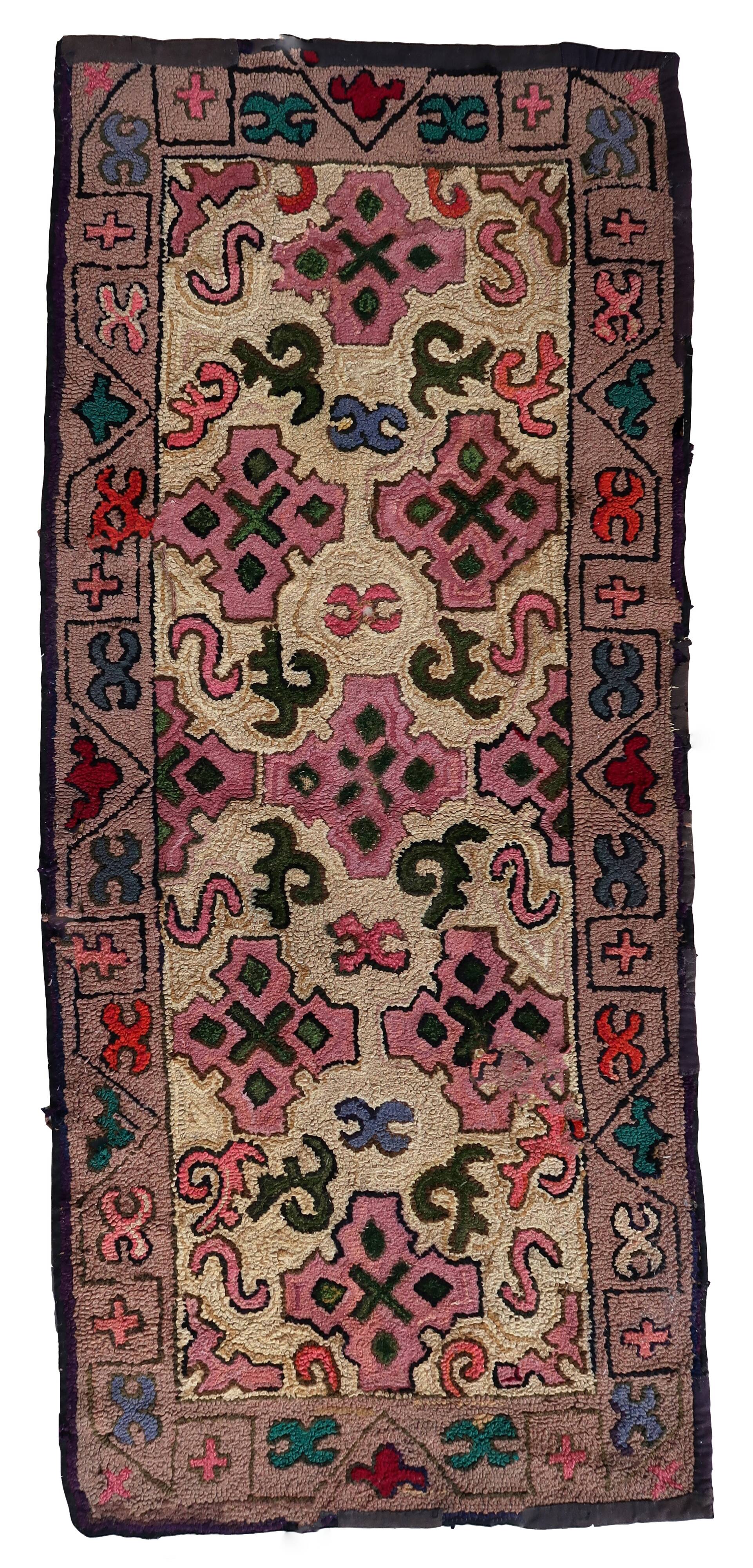 Tapis Hooked antique américain – 76 x 175 cm – Motif floral - 1C981