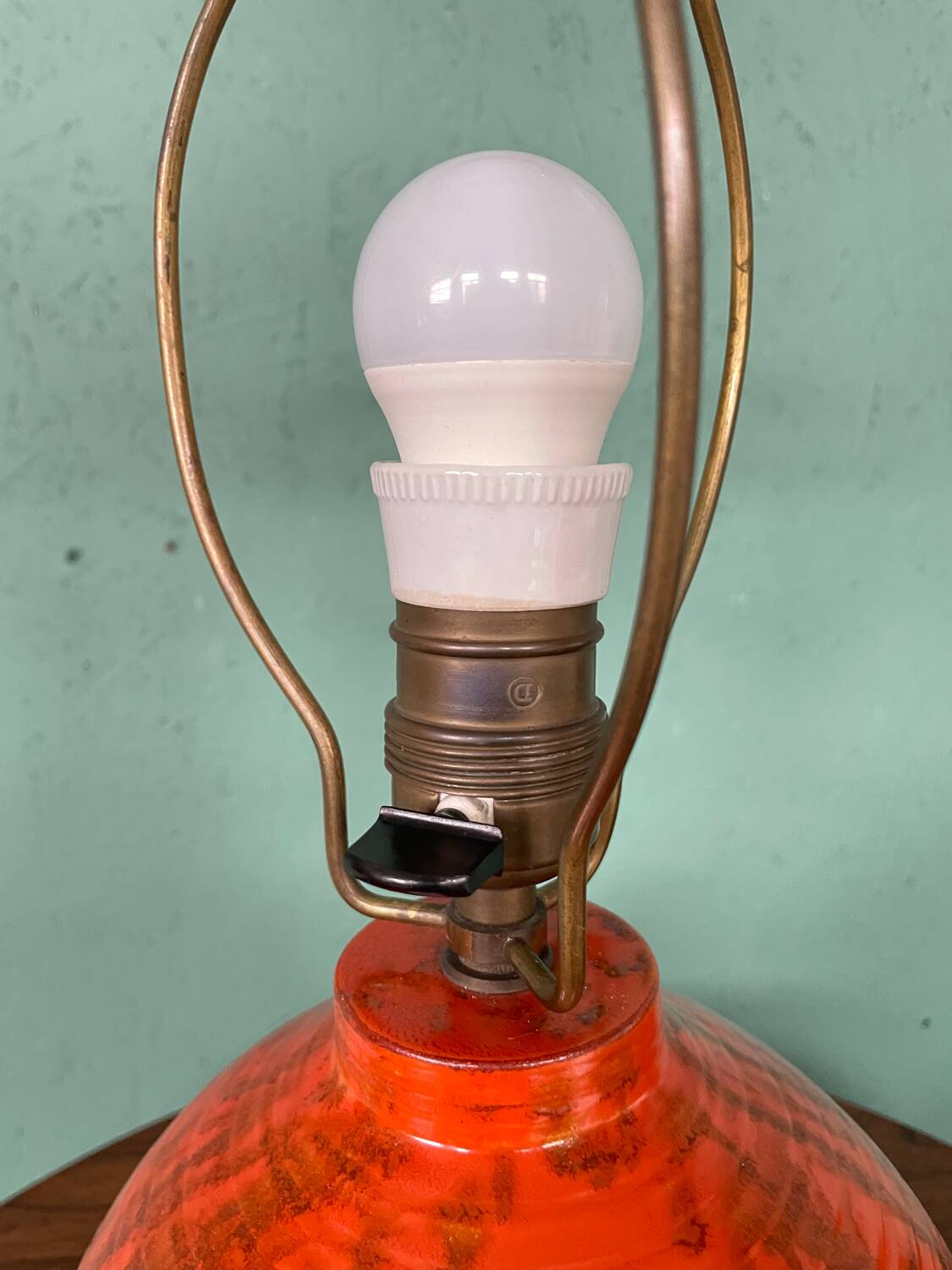 Art Deco HAK Herman Kähler Pottery Lamp, c.1930s Orange Globe with Brass Details
