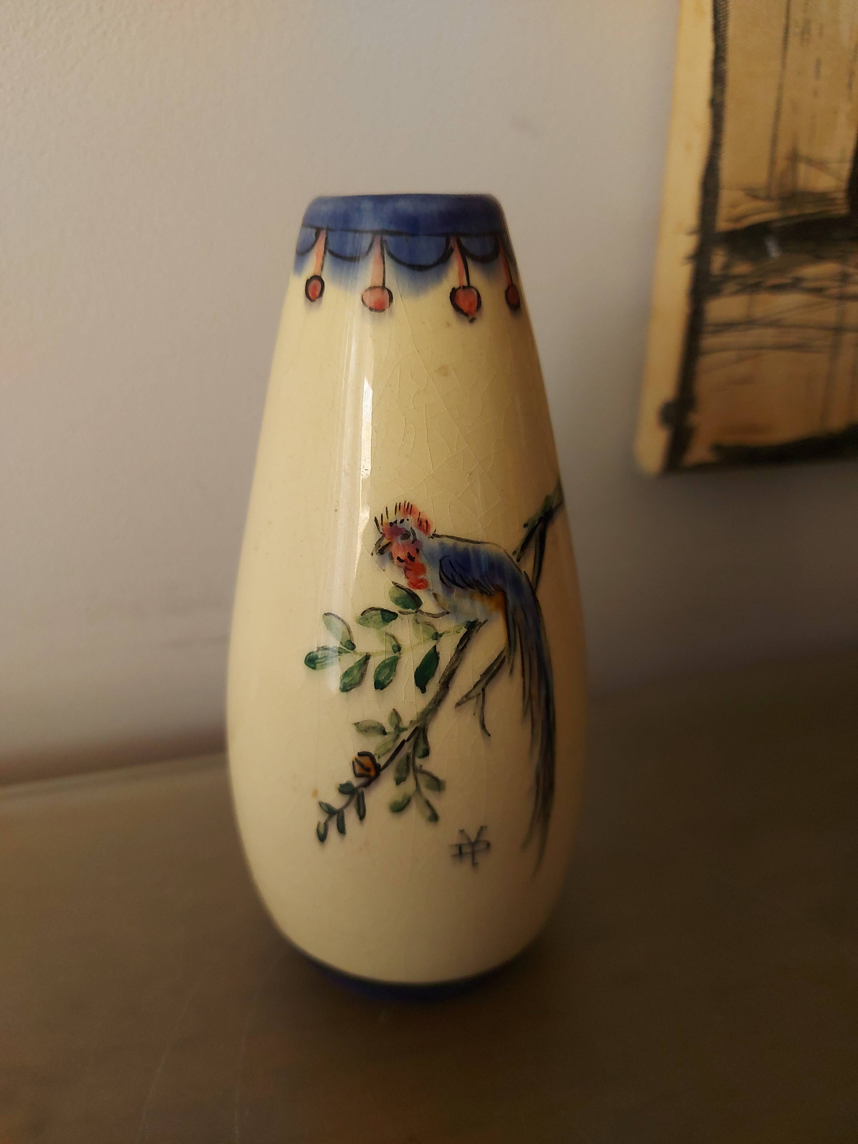 Signed art deco vase, bird of paradise décor