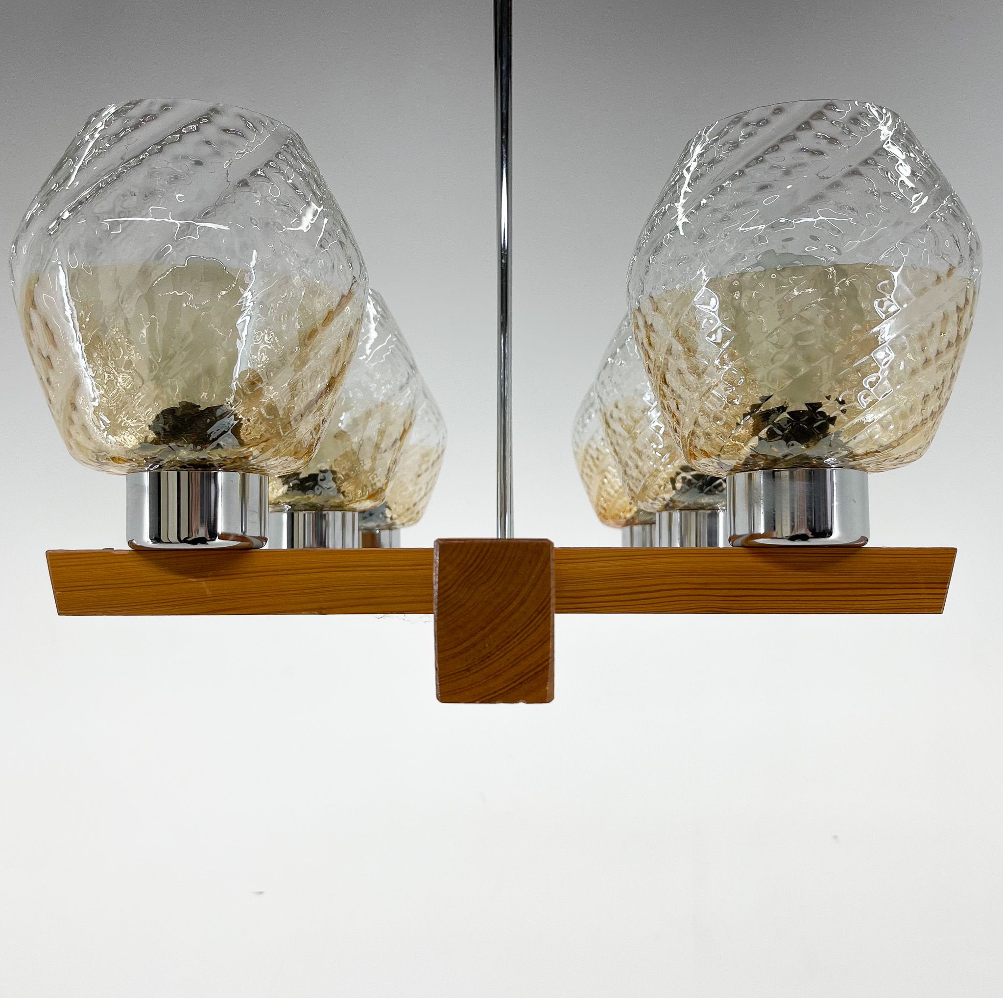 1970's Wood, Chrome & Glass Chandelier by Elektroinstala Decin, Labeled
