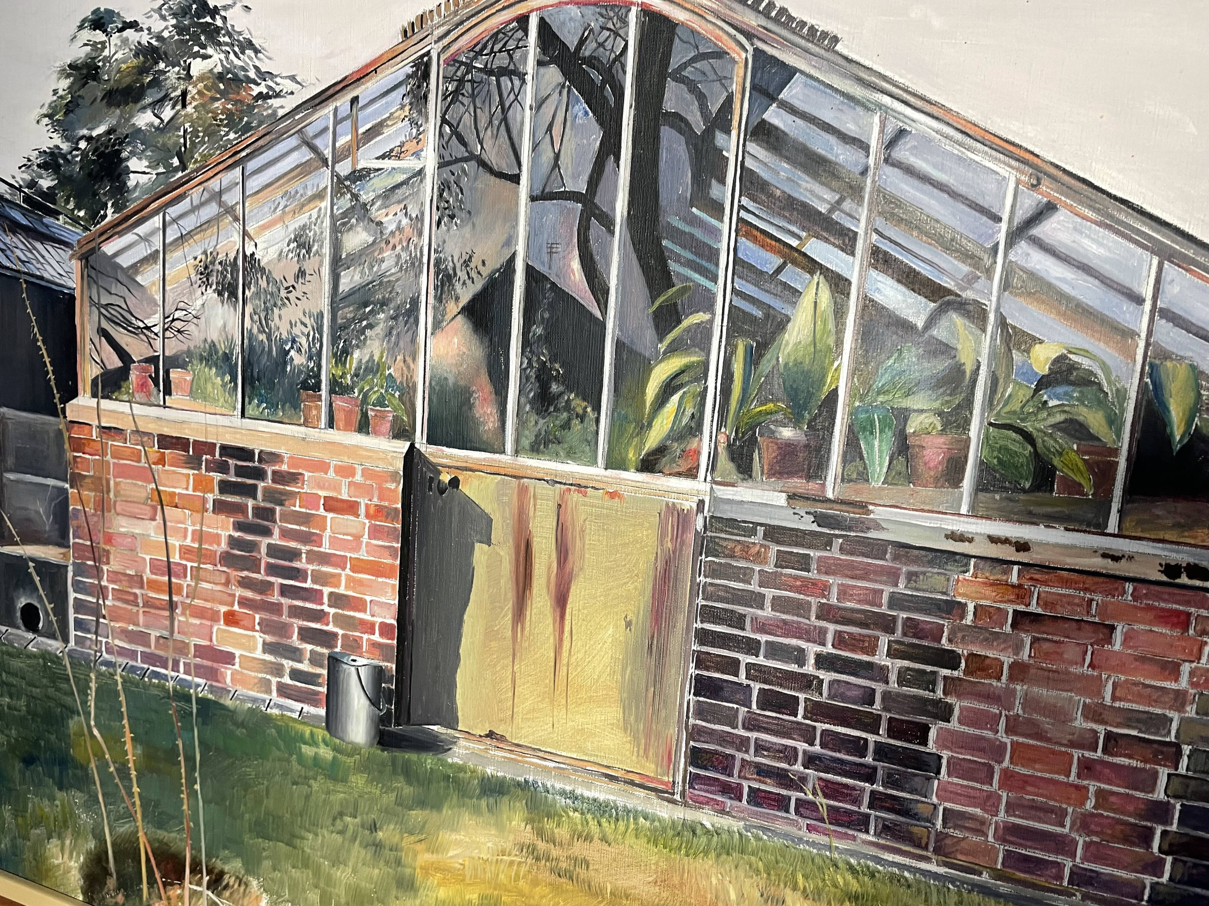 Oil on canvas "the greenhouse in the garden" signed