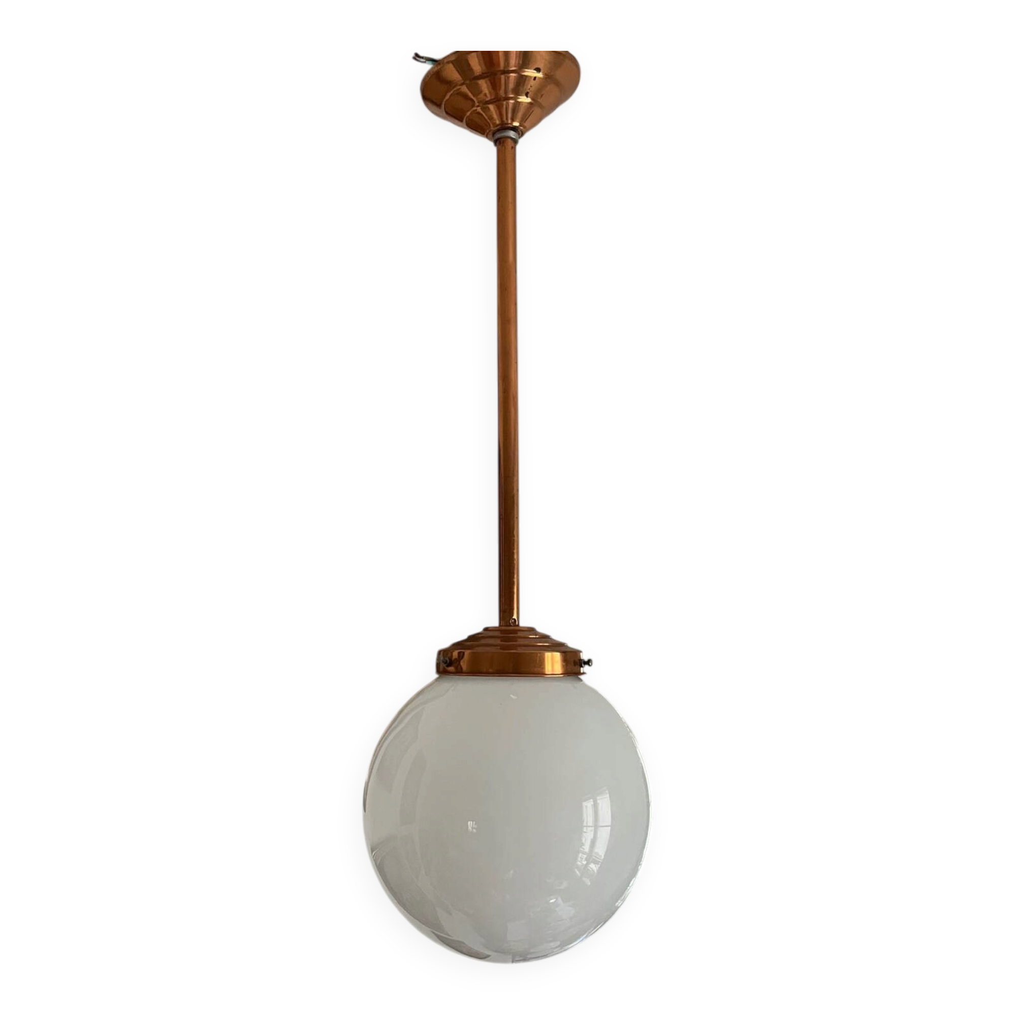 Opaline white globe pendant light with metal stem, Art Deco style.