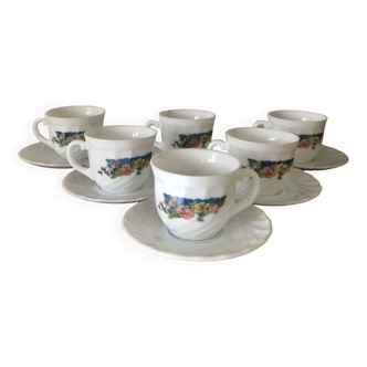 Lot de 6 tasses et soucoupes vintage Arcopal Florine