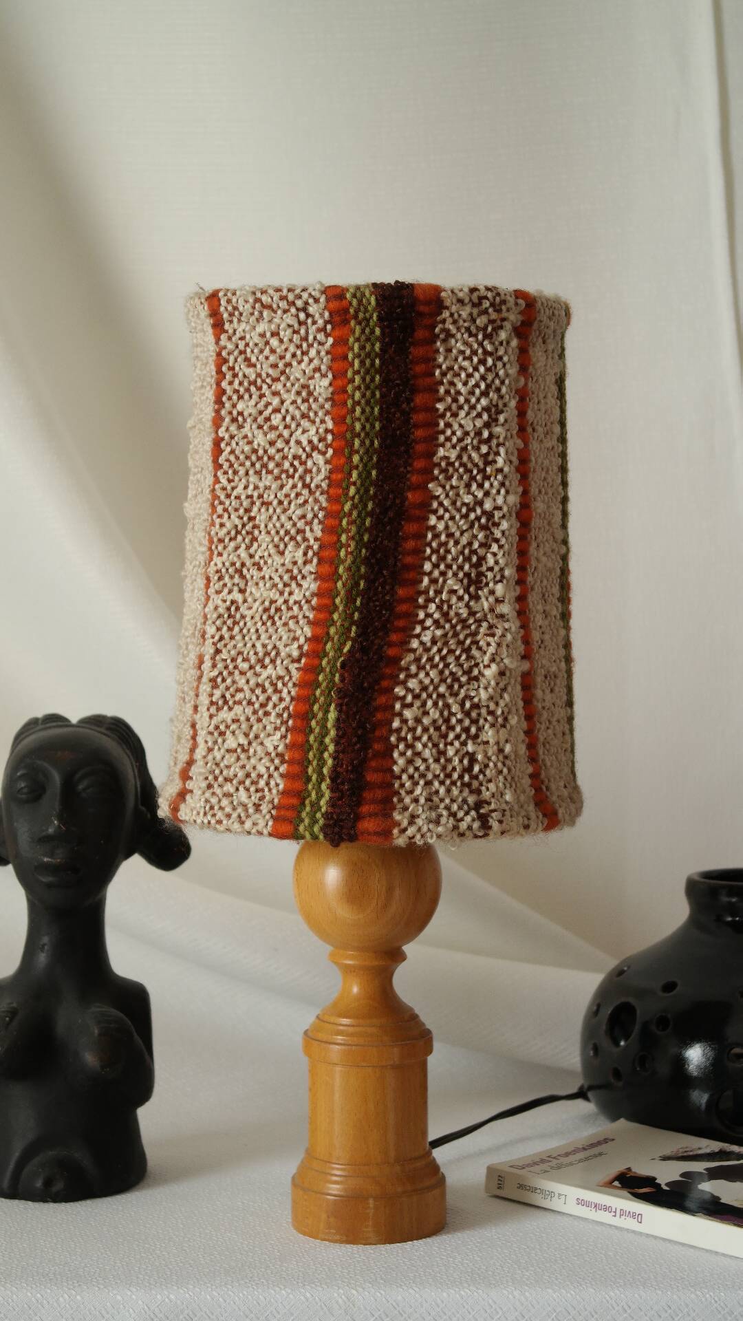 Vintage table lamp made of wood and knitted wool.