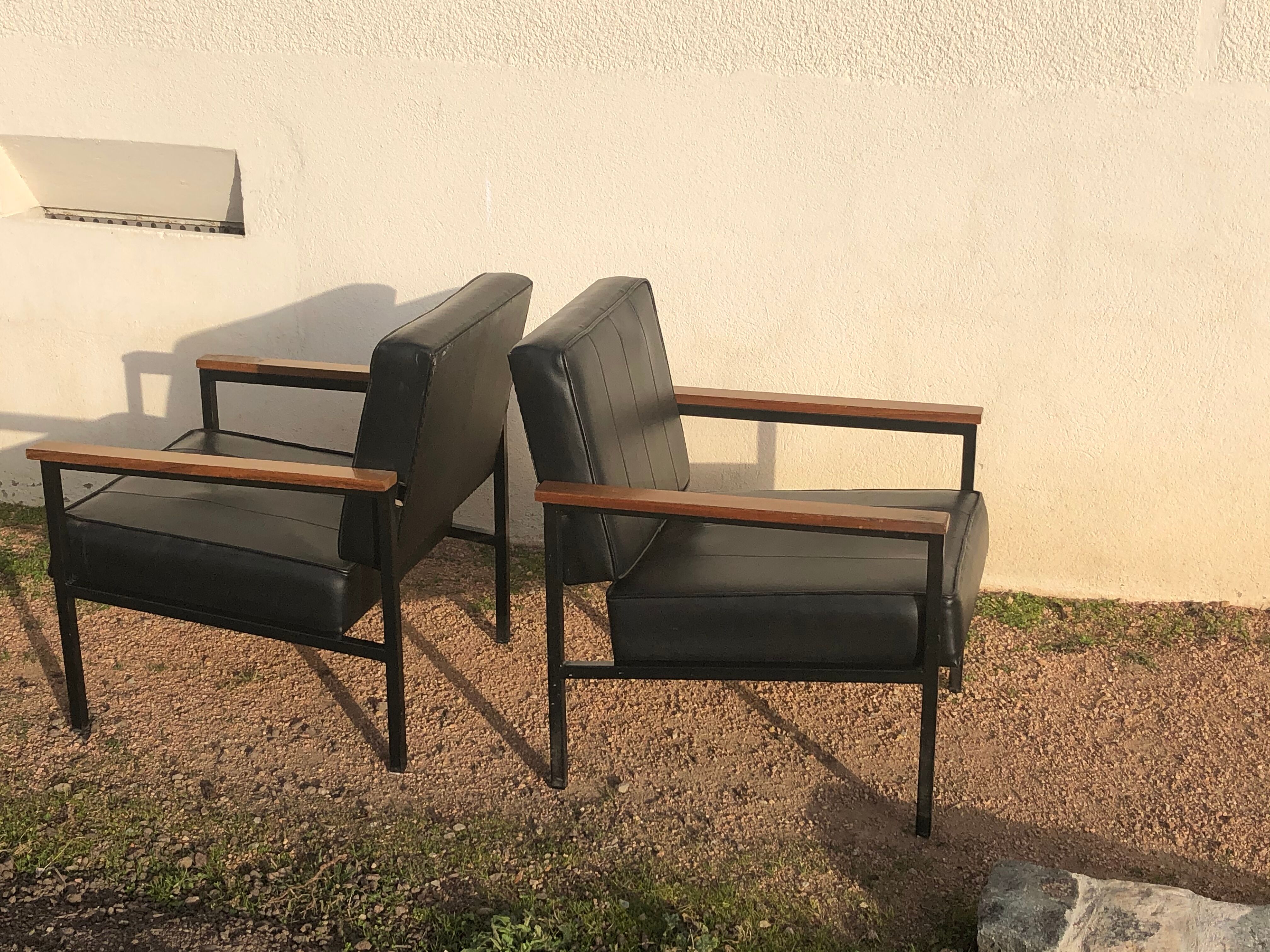 Pair of skaï and wood chairs 60s