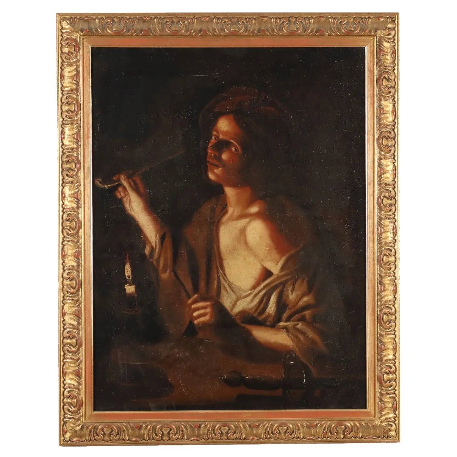 Old painting Young man with a pipe, oil on canvas, 18th century