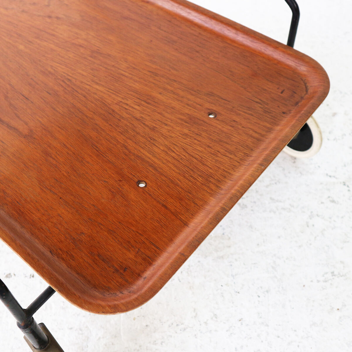 Mid-century modern foldable serving trolley with teak trays