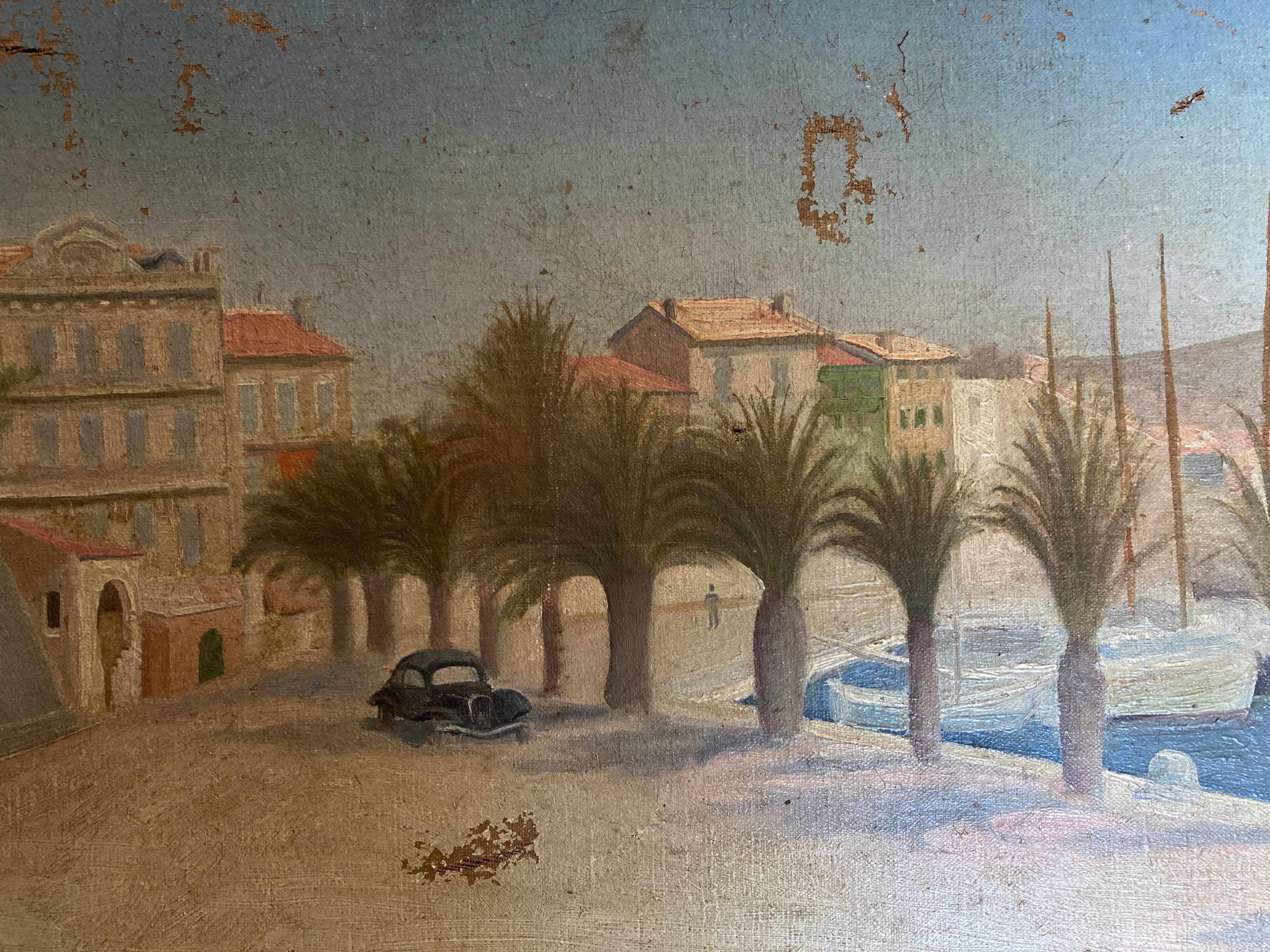 French Riviera beach scene oil on canvas 1950