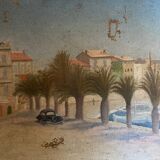French Riviera beach scene oil on canvas 1950