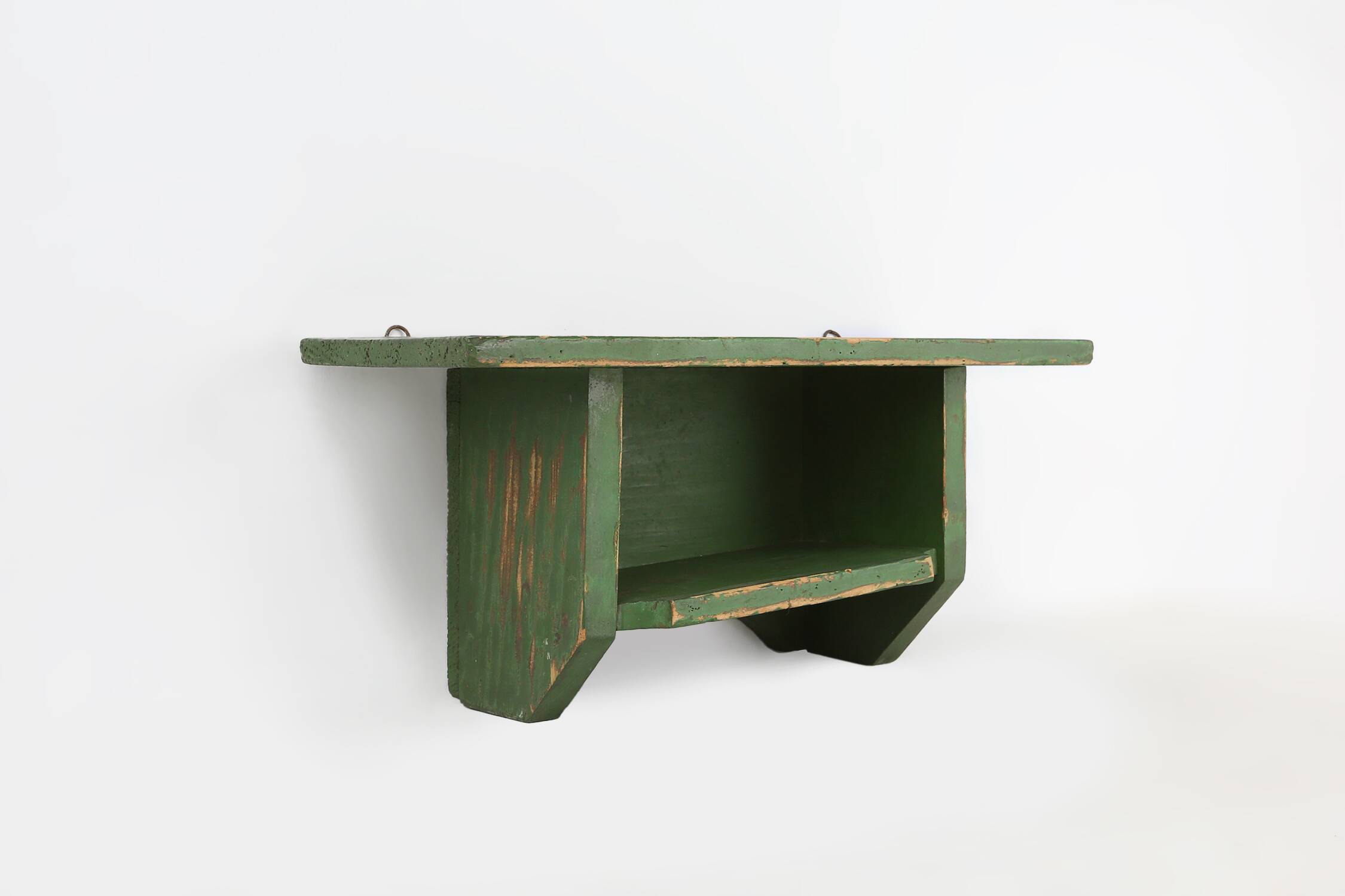 Rustic small green wooden wall unit with 2 shelfs, France ca. 1880