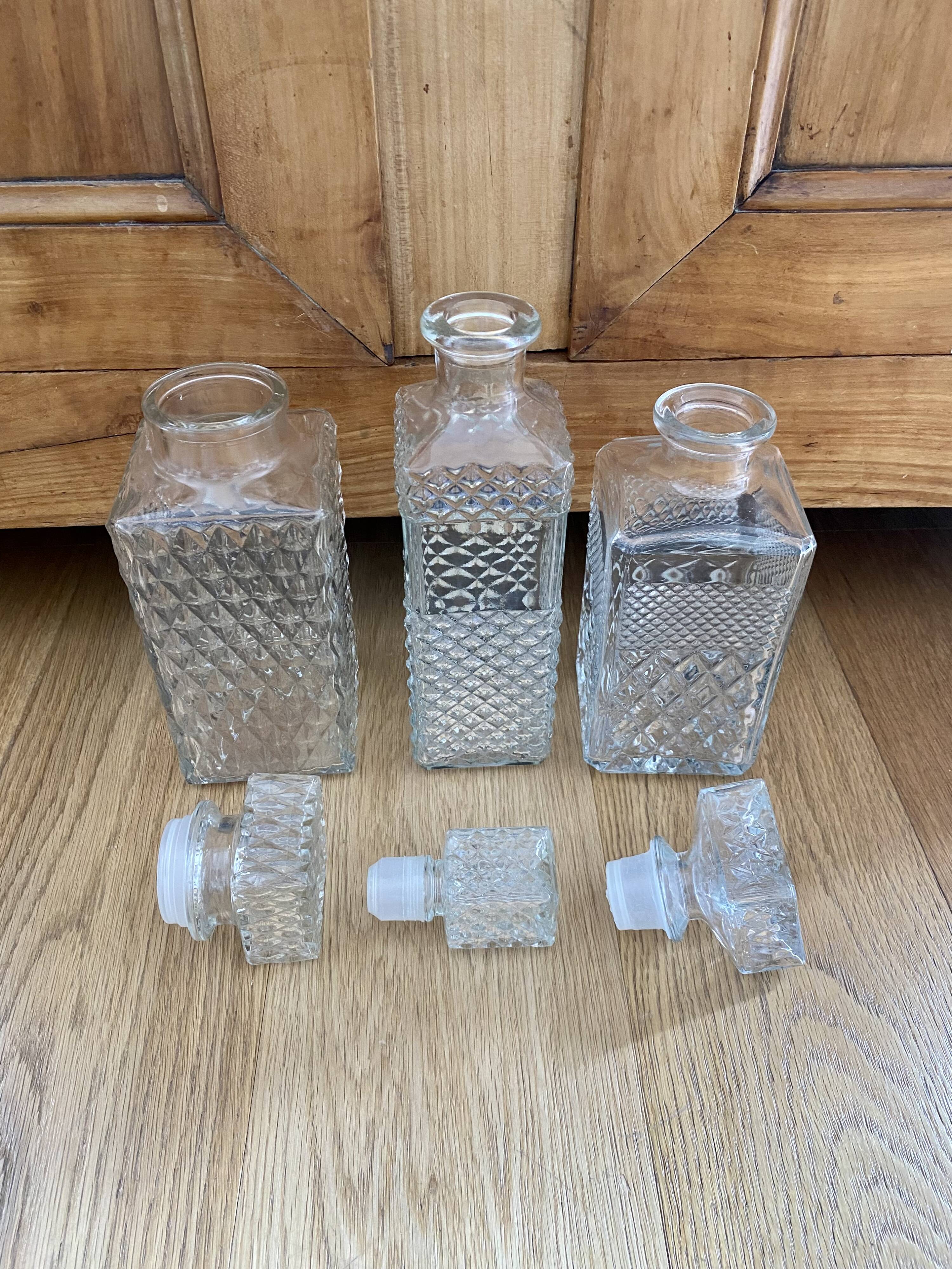 Set of 3 bottle vintage molded glass whiskey decanter