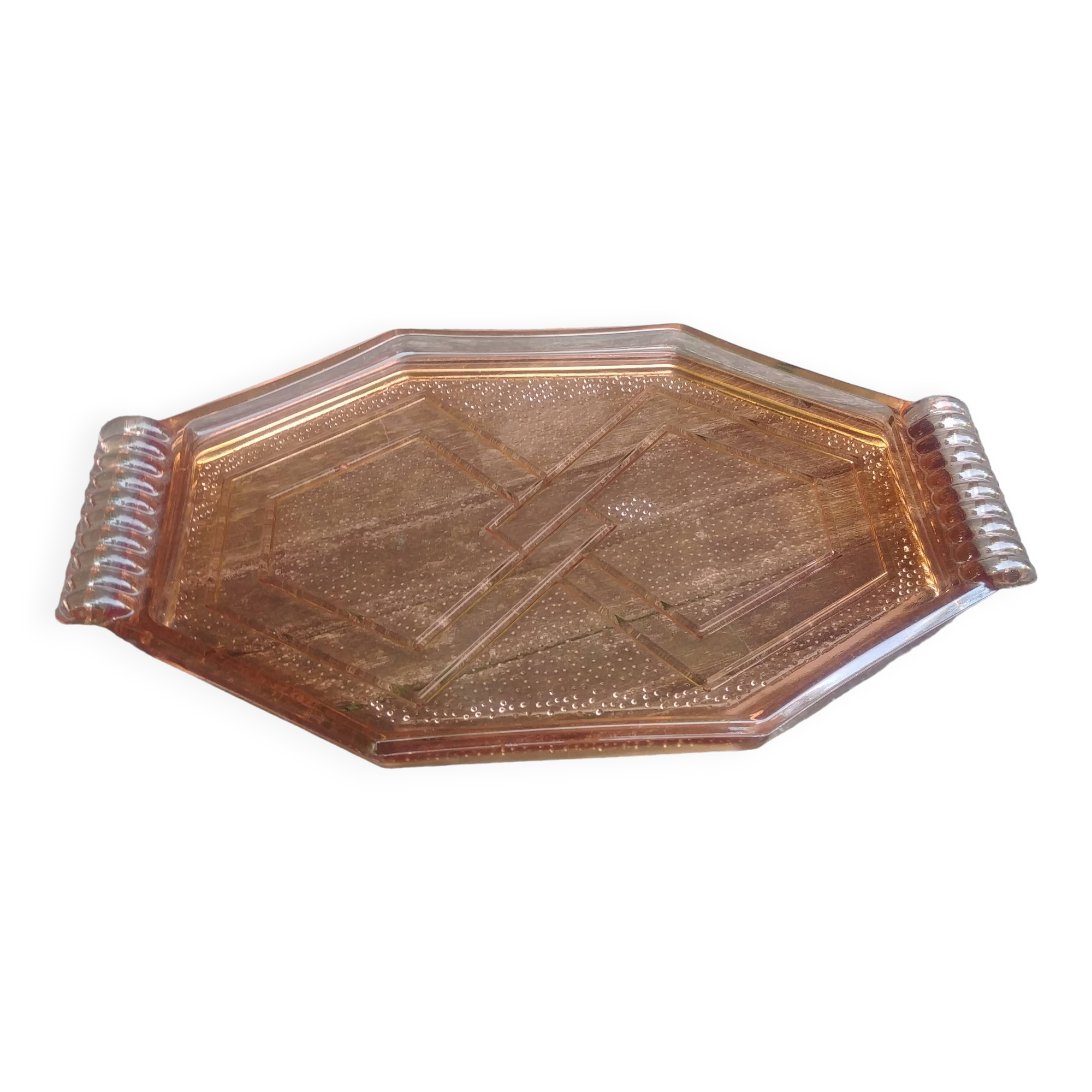 Old pink glass serving tray geometric shape 1950s