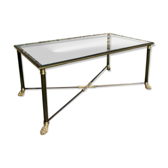 Neoclassical coffee table in brass glass and steel with gunmetal patina