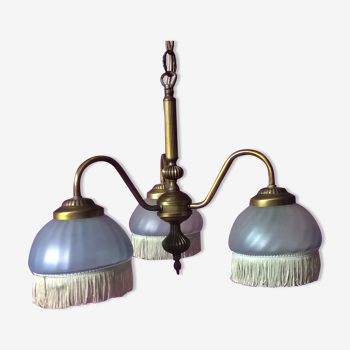 Vintage chandelier art-deco gold metal bronze three half-globes frosted glass and fabric stamps
