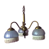 Vintage chandelier art-deco gold metal bronze three half-globes frosted glass and fabric stamps