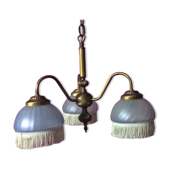 Vintage chandelier art-deco gold metal bronze three half-globes frosted glass and fabric stamps