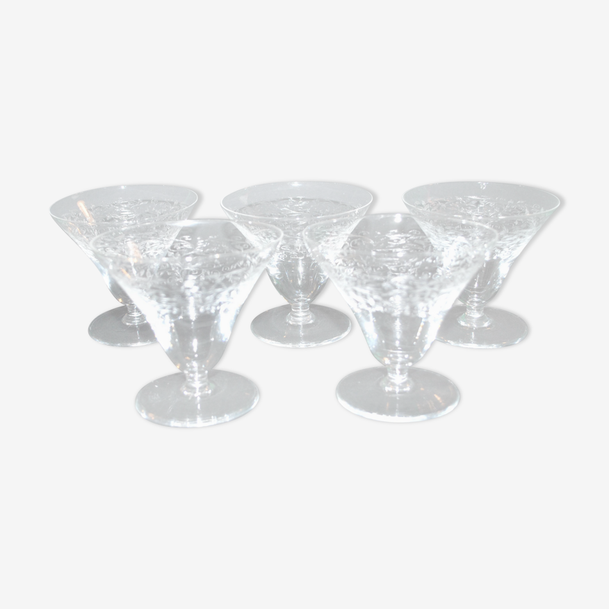 5 Vintage Acid Etched Crystal Water Goblet Wine Glasses, Fostoria