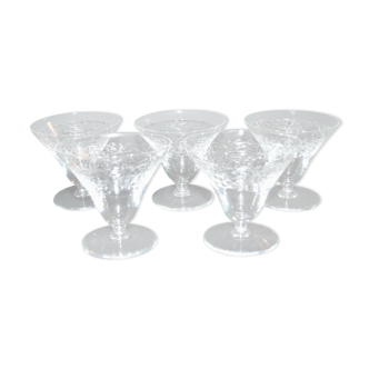 Series of 5 old crystal cups engraved with bacloché volutes guilloché volutes?