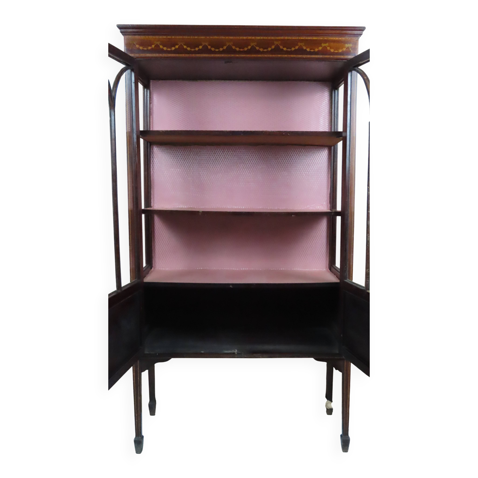 Antique English display cabinet. Marquetry with floral patterns and ribbons.