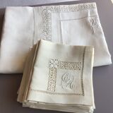 Old rectangular white-ecru tablecloth + its 12 matching towels