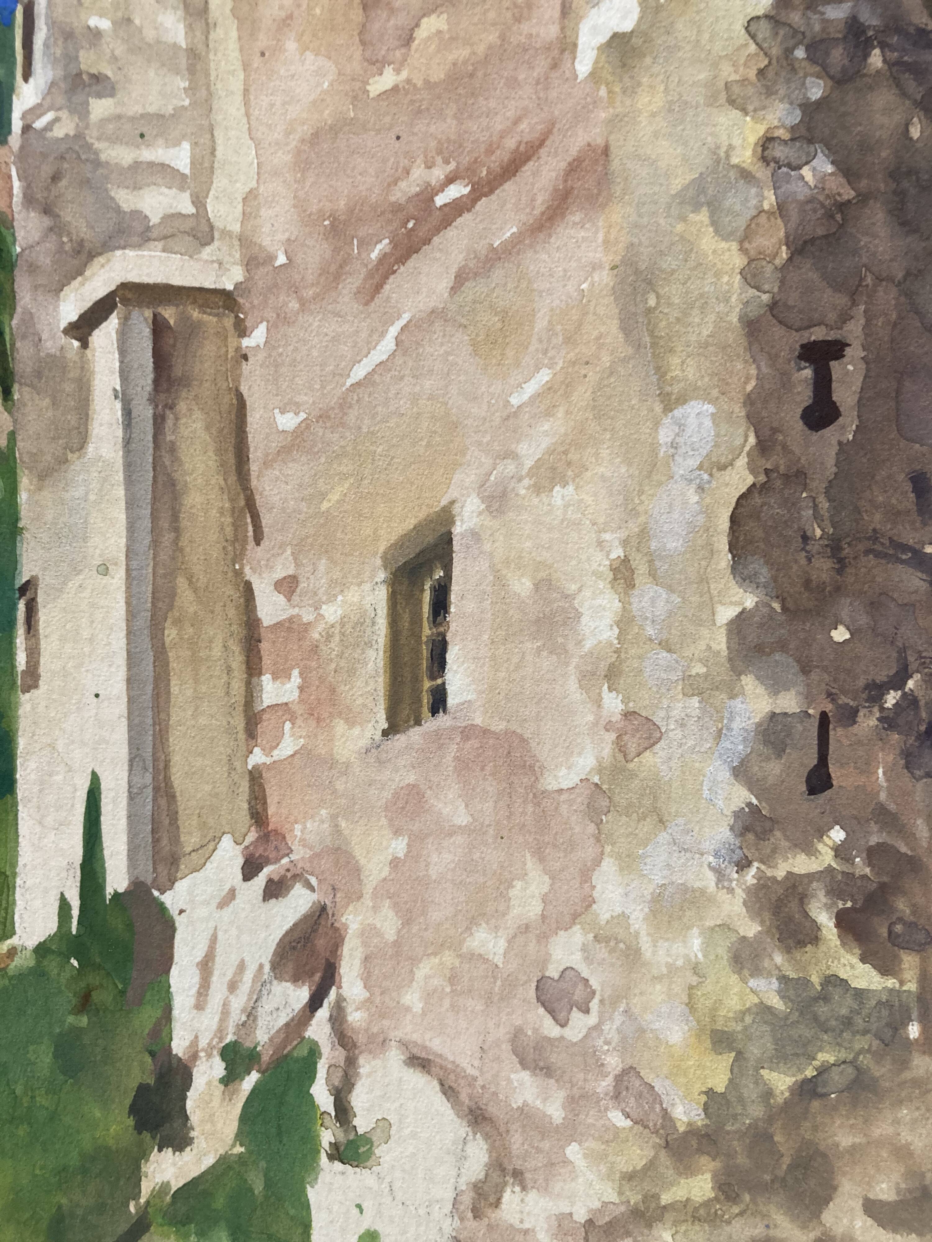 Watercolor Provencal landscape with fortified ramparts