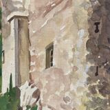 Watercolor Provencal landscape with fortified ramparts
