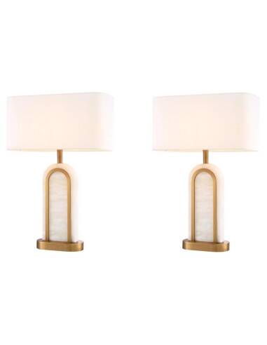 Pair of table lamps, antique brass and alabaster finish, timeless luxury and vintage charm.